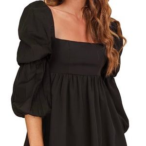 EXLURA Womens Square Neck Dress Long Puff Sleeve A-Line Casual Short Dress L